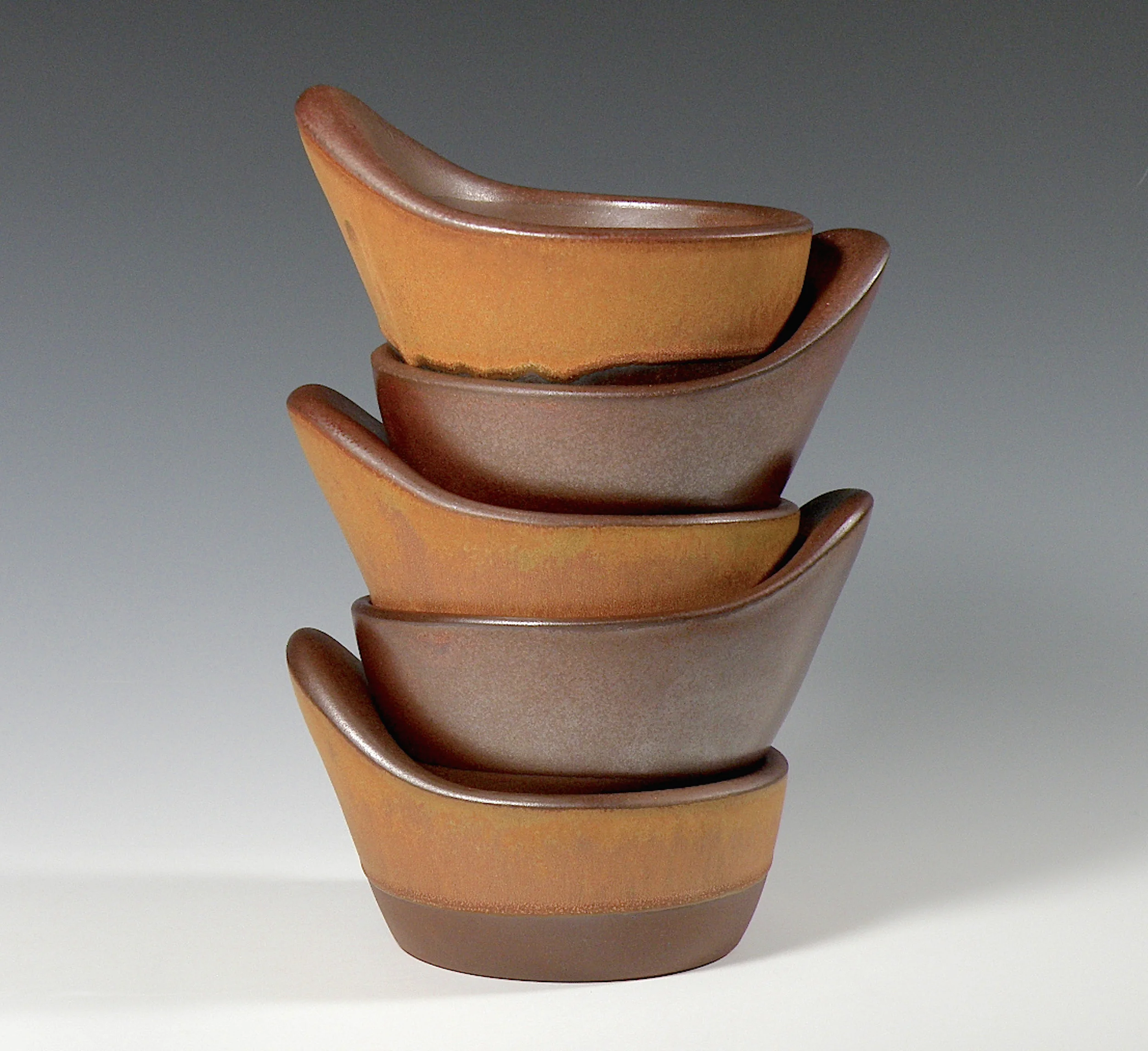 Robbie Lobell, Stovetop Bowls, Flameware claybody, wheel-formed/altered, glazed and unglazed, propane-fueled soda vapor kiln, cone 11, 6.5x5.5x3, 2016