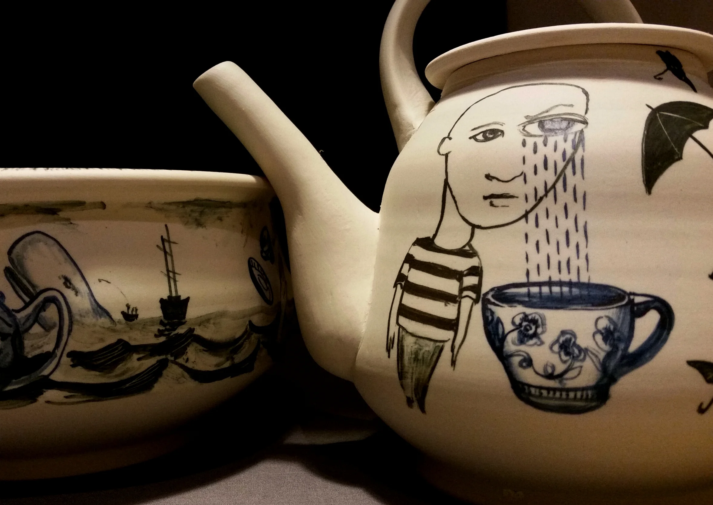 Seth Rainville, Teapot and Bowl, Porcelain, cone 6 oxidation, slips, glaze pencil and glaze, thrown and altered, 2015