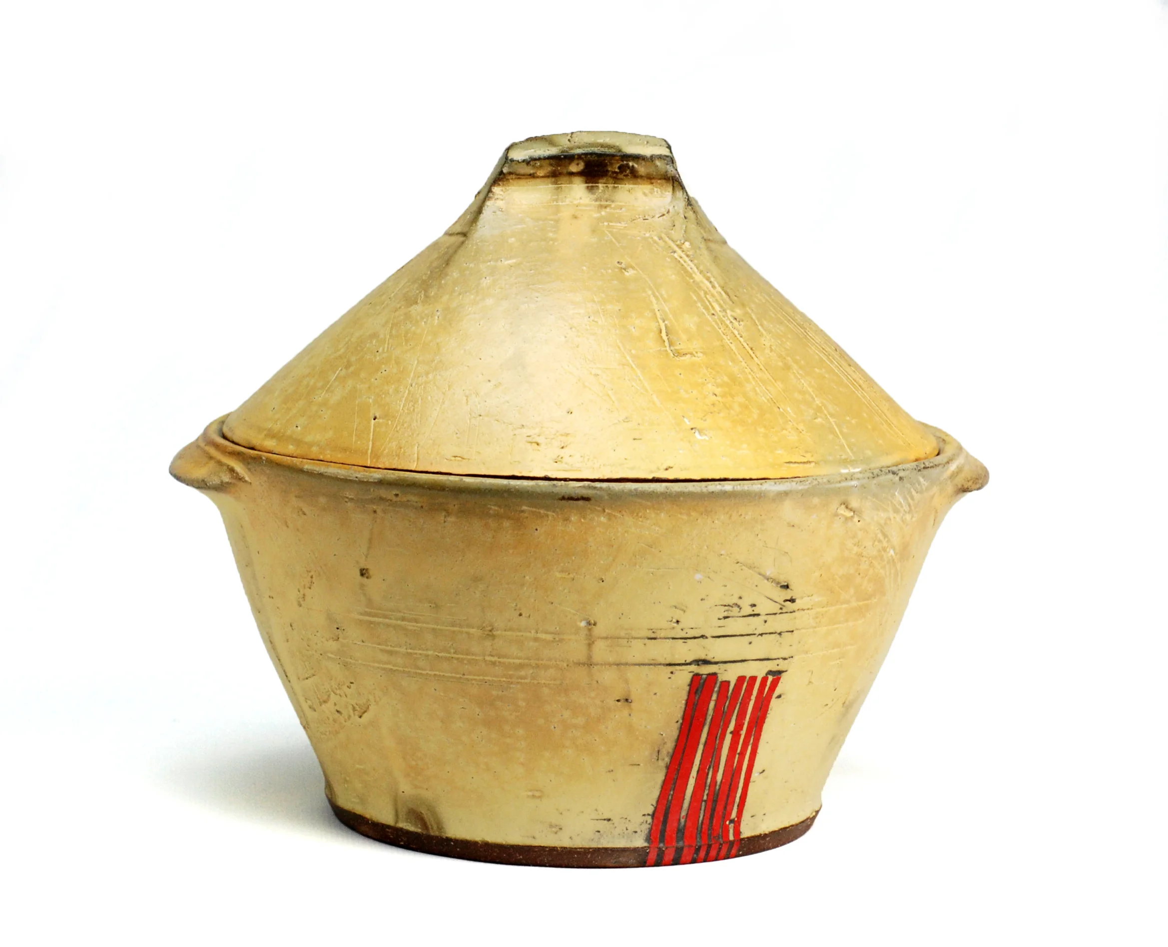 Tom Jaszczak, Casserole, Soda fired red earthenware, cone 3, slip, underglaze, wheel thrown, 9x9x9, 2015