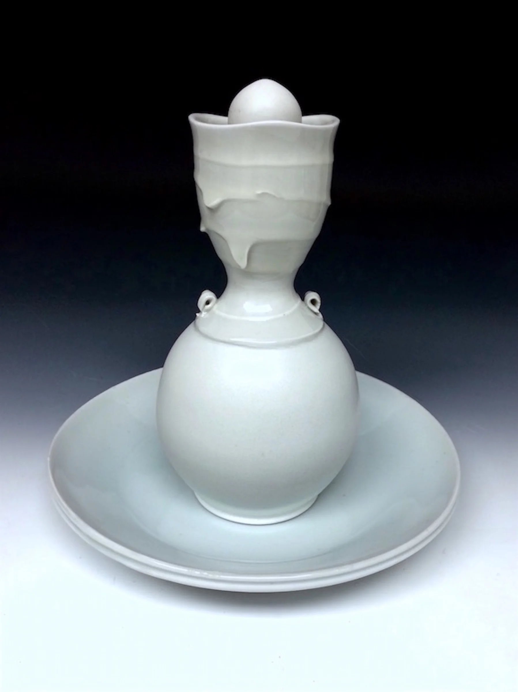 John Oles, Whiskey Set, Thrown porcelain with slip, celadon glaze fired to cone 11 reduction, 8x6, 2016