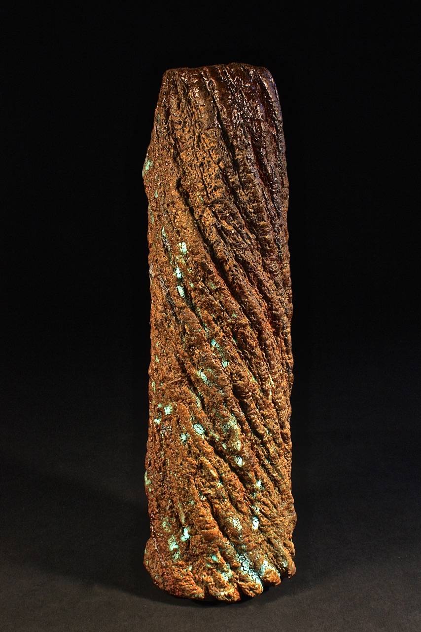 Rob Sieminski, Spiral Bark Vase w/ Lichen, stoneware, wood fired cone 11, 11x3.75, 2016