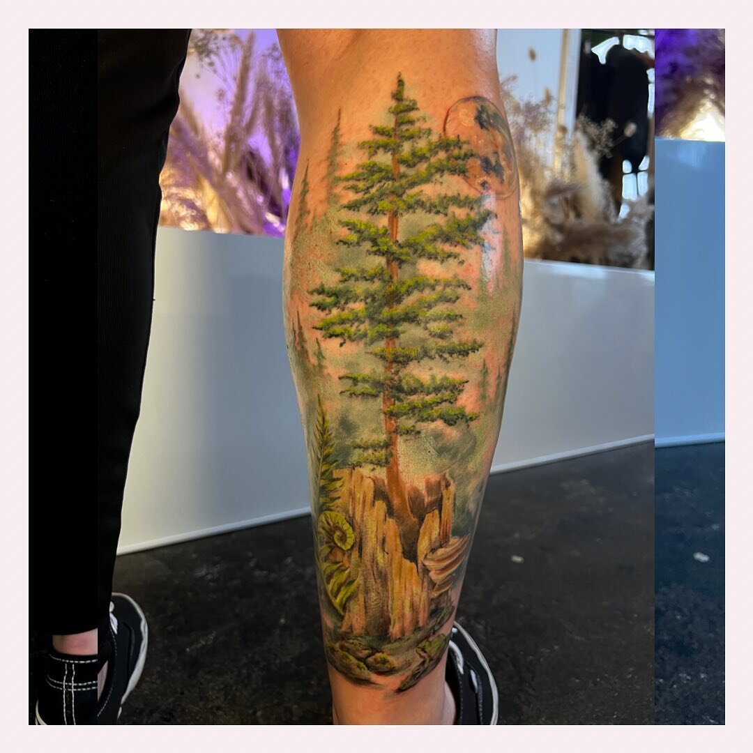 Added to this very forestry tattoo. We expanded it by adding misty trees 🌲, moon 🌚 , tiny frog 🐸, and rocks 🪨. 
.
.
.
#treetattoo #portland #oregon #colortattoo #pnwtattoo #pdxart #foresttattoo @midnighttattooportland @fusion_ink @bishoprotary