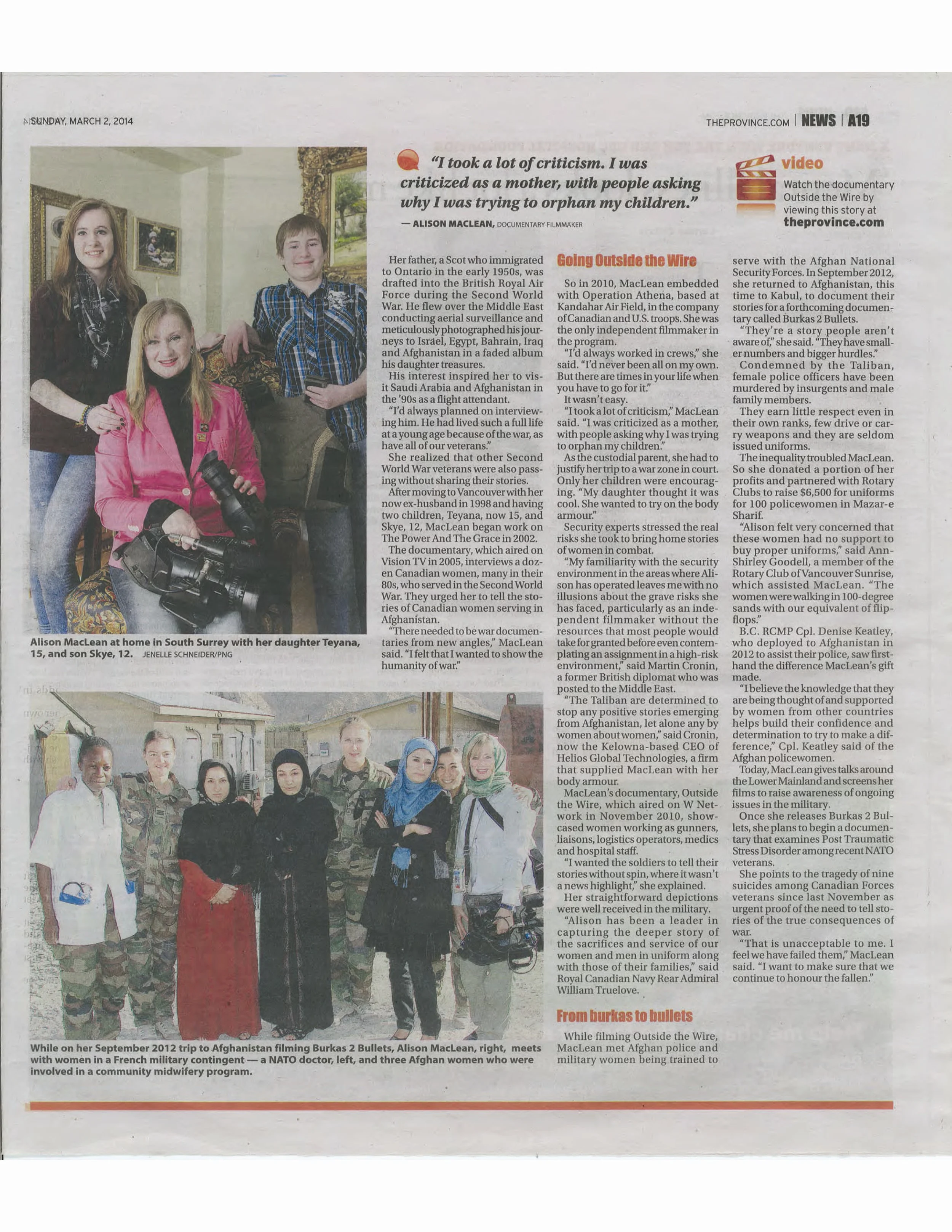 The Province Newspaper Article "Filming Under Fire"
