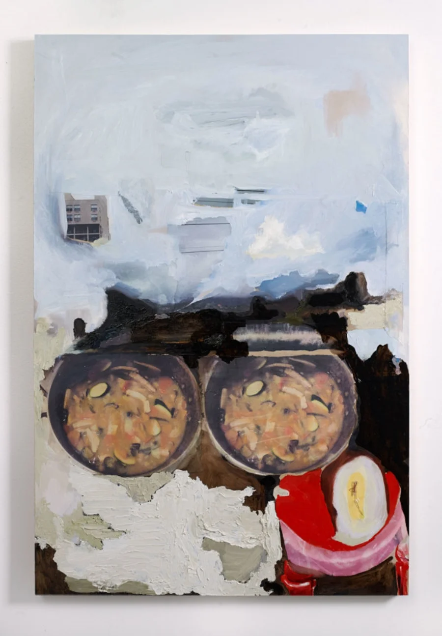 Soups of the Days Oil, paper, copper wire on birch panel 24x36x1.5