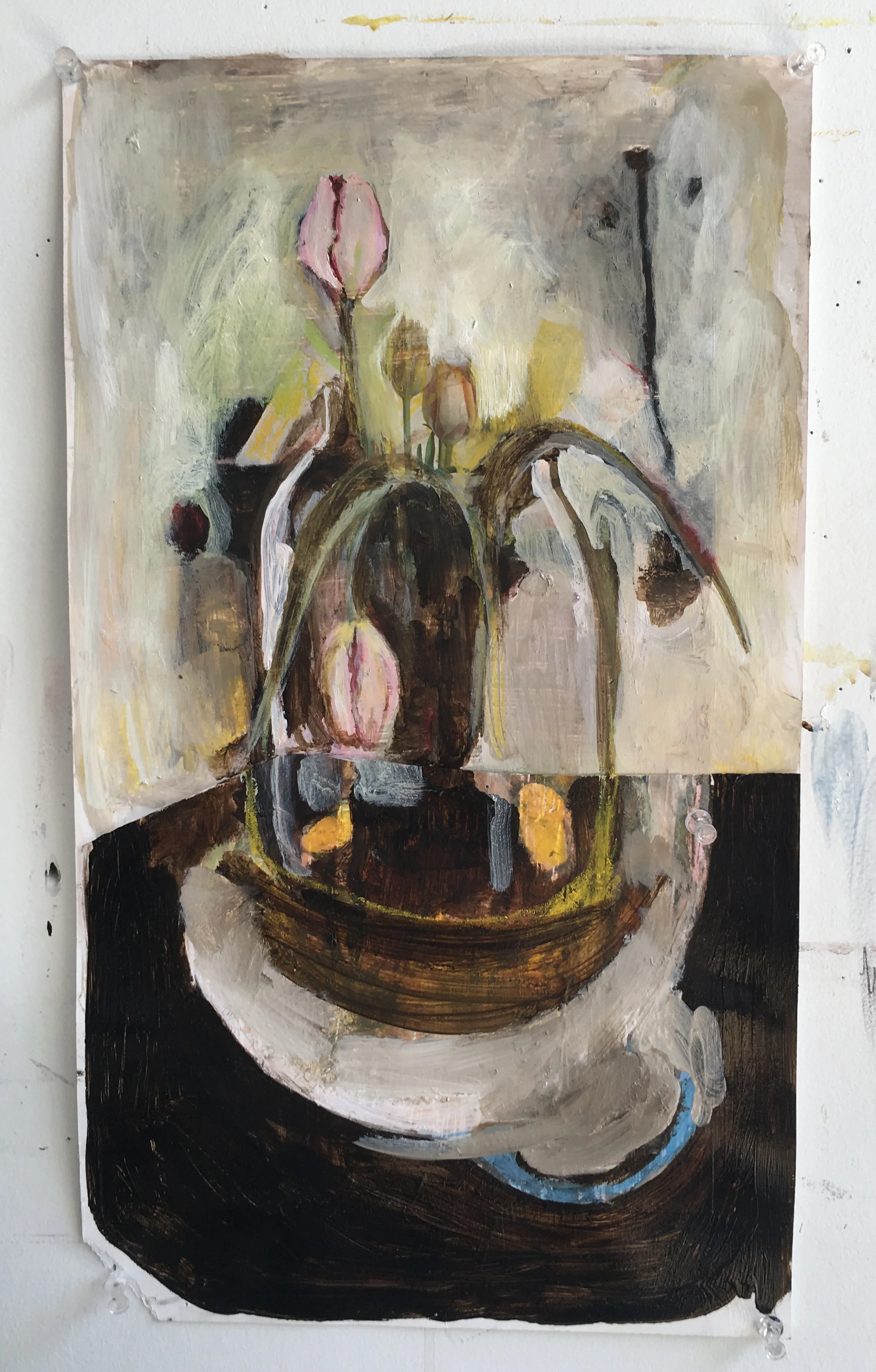 Tulips with Cyan Feelings Oil, acrylic and inkjet print on paper / 9x12 2018