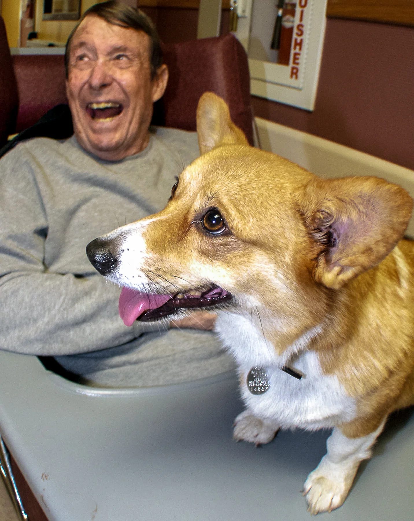  Dog Therapy at the VA: AlzheimerÕs patient Russell Simpson is glad to see Dally, a Pembroke Welsh Corgi, during one of her routine Friday visits to the Lake City Veterans Affairs Medical Center in Florida. 
