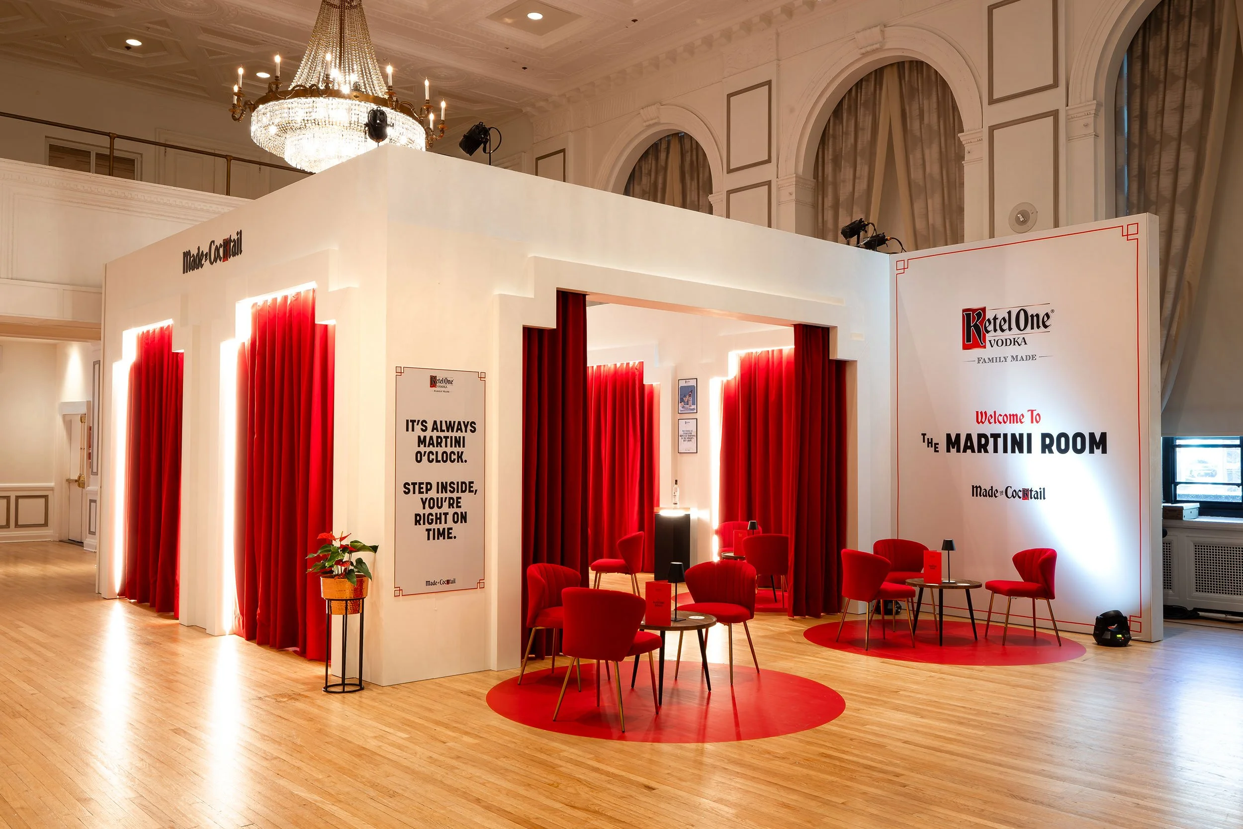 Exterior view of the Ketel One branded environment fabricated by McWood for World Class 2025, featuring custom architectural façades, branded graphics, LED signage, and premium event fabrication at Toronto's Fairmont Royal York Hotel.