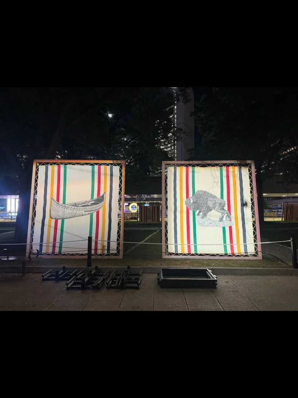NUIT BLANCHE tonight!
Oct 3-4 @ 7pm-7pm
Nathan Philips Square (South Lawn)
Art: Blankets (Under) Cover
Artist: Shelley Niro
McWood designed and built (hemlock timber, steel spline inserts, powder coated steel support structure +) the structure to sup