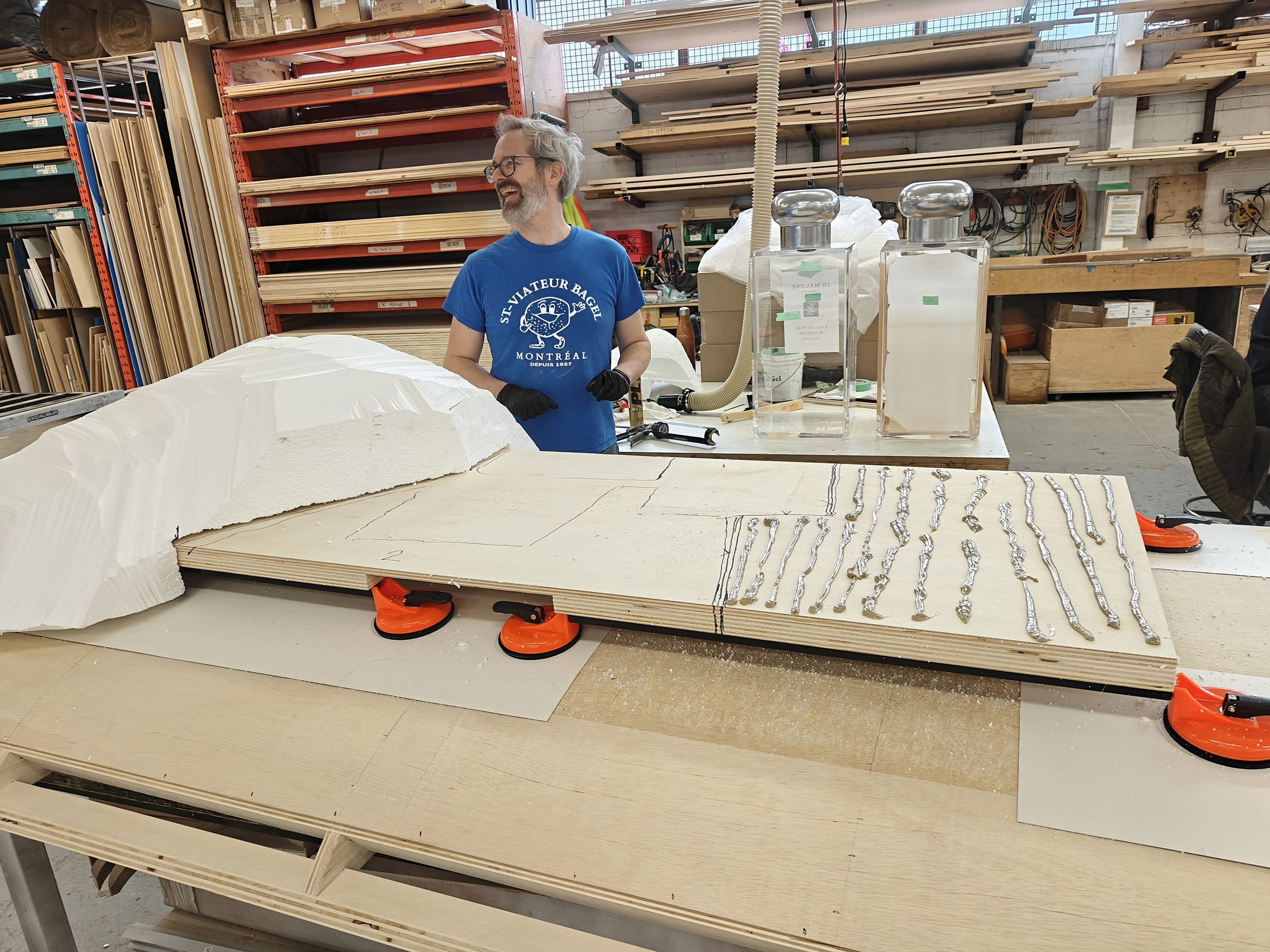 Custom fabrication in progress at the McWood workshop for the Jo Malone London English Pear pop-up installation in Toronto.