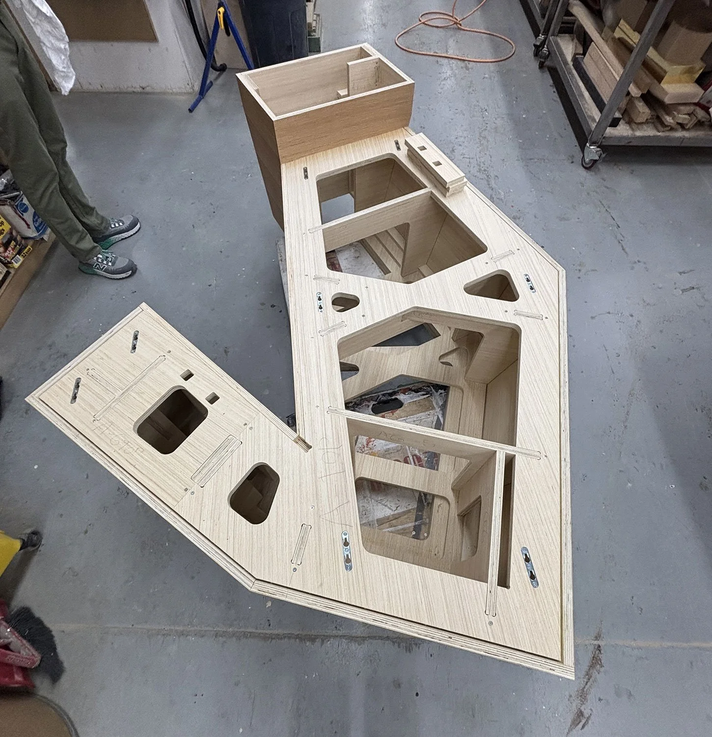 Detail of the laminated timber structure under construction by McWood for Chris Cornelius's installation at the Gardiner Museum in Toronto