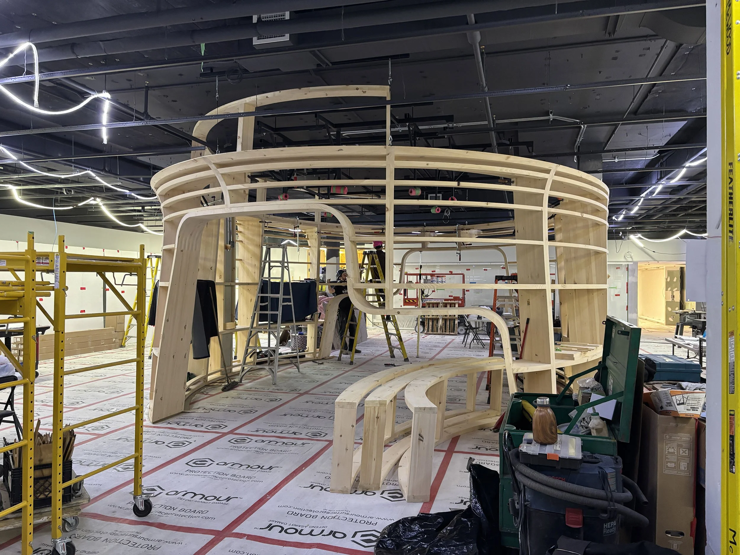 Timber framework under construction by McWood for Chris Cornelius's installation at the Gardiner Museum in Toronto.