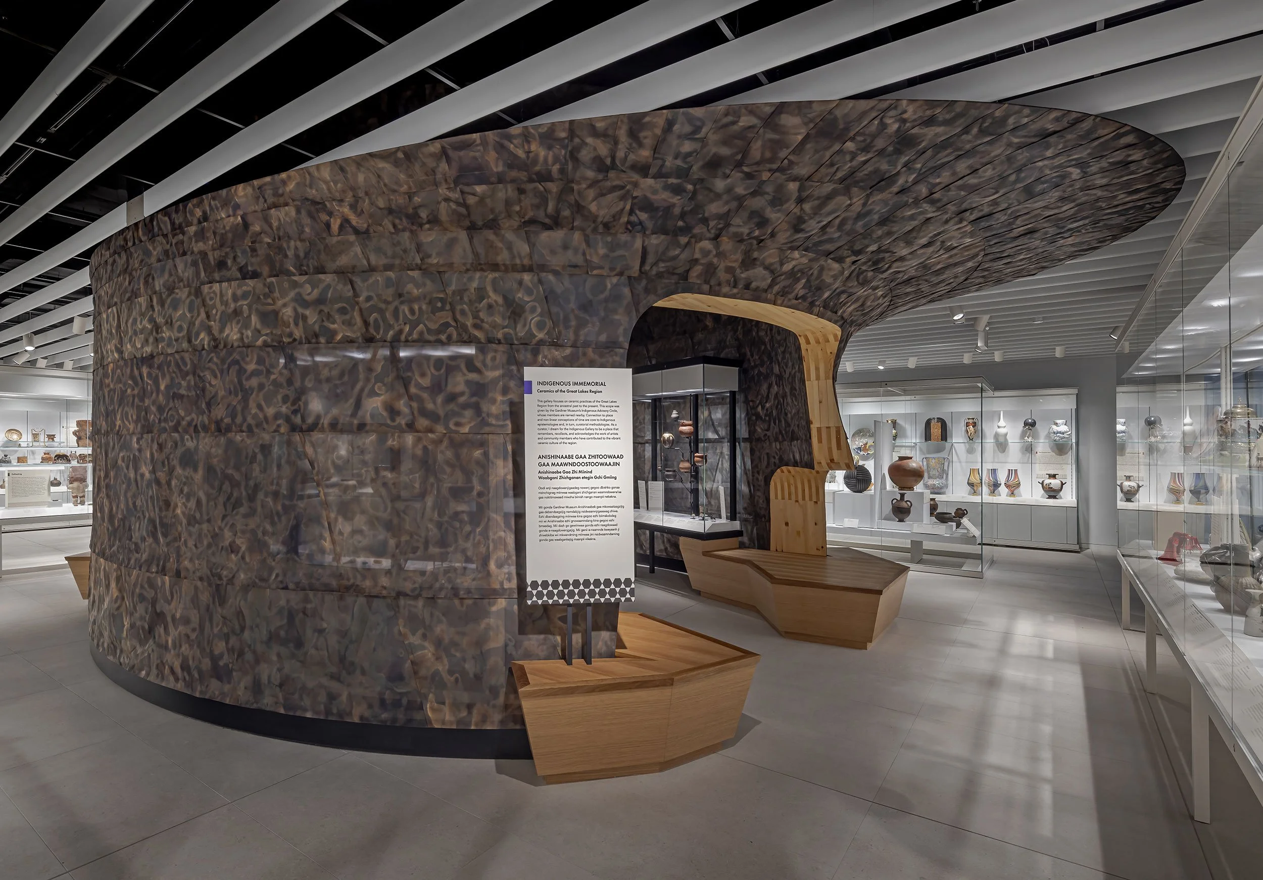 McWood's installation for Chris Cornelius at the Gardiner Museum in Toronto, featuring a sculptural copper-clad form over a CNC-fabricated timber structure.