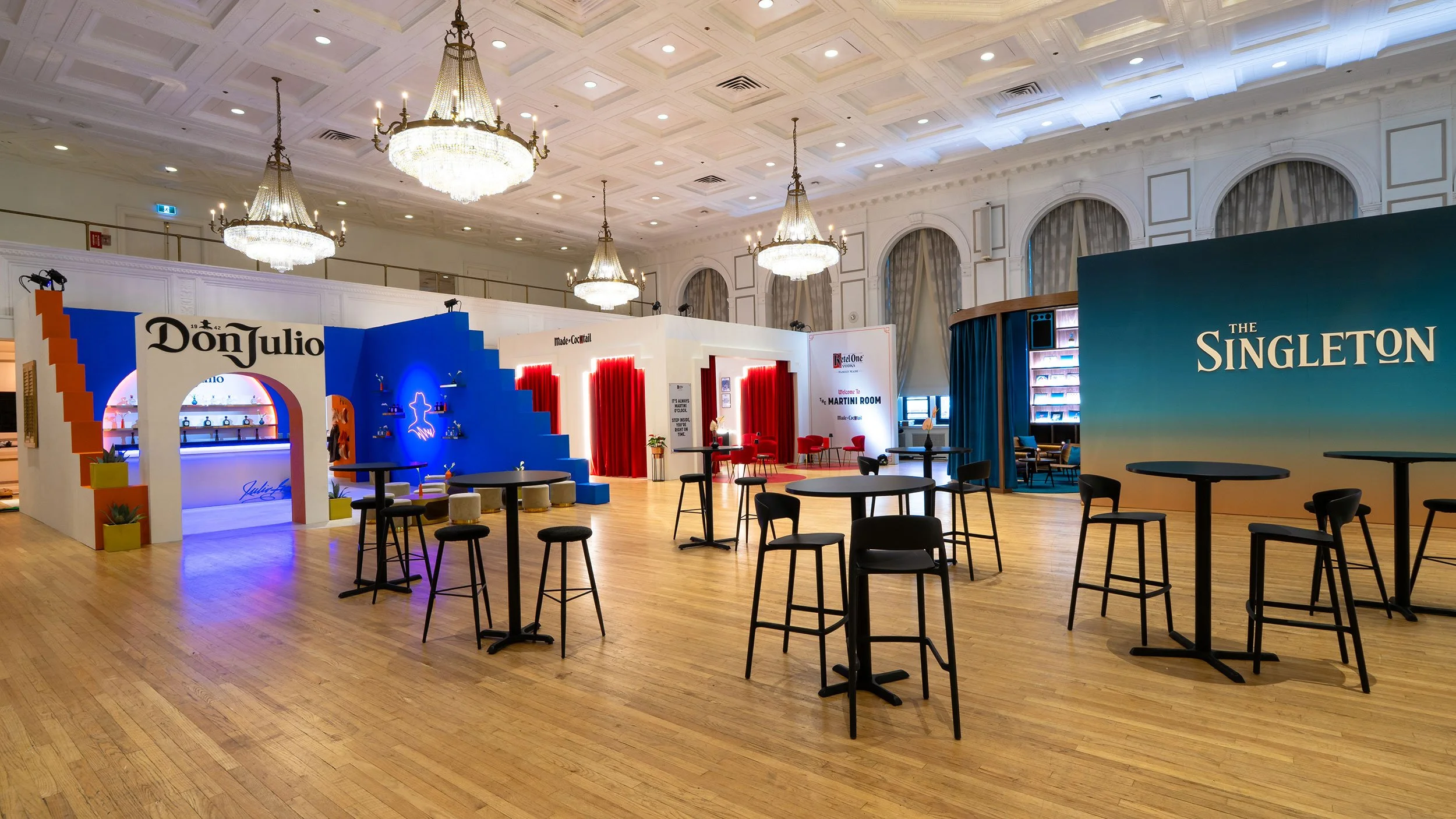Custom branded bar fabricated by McWood for World Class 2025 at Toronto's Fairmont Royal York Hotel, featuring LED acrylic push-through signage, branded graphics, and premium event finishes.