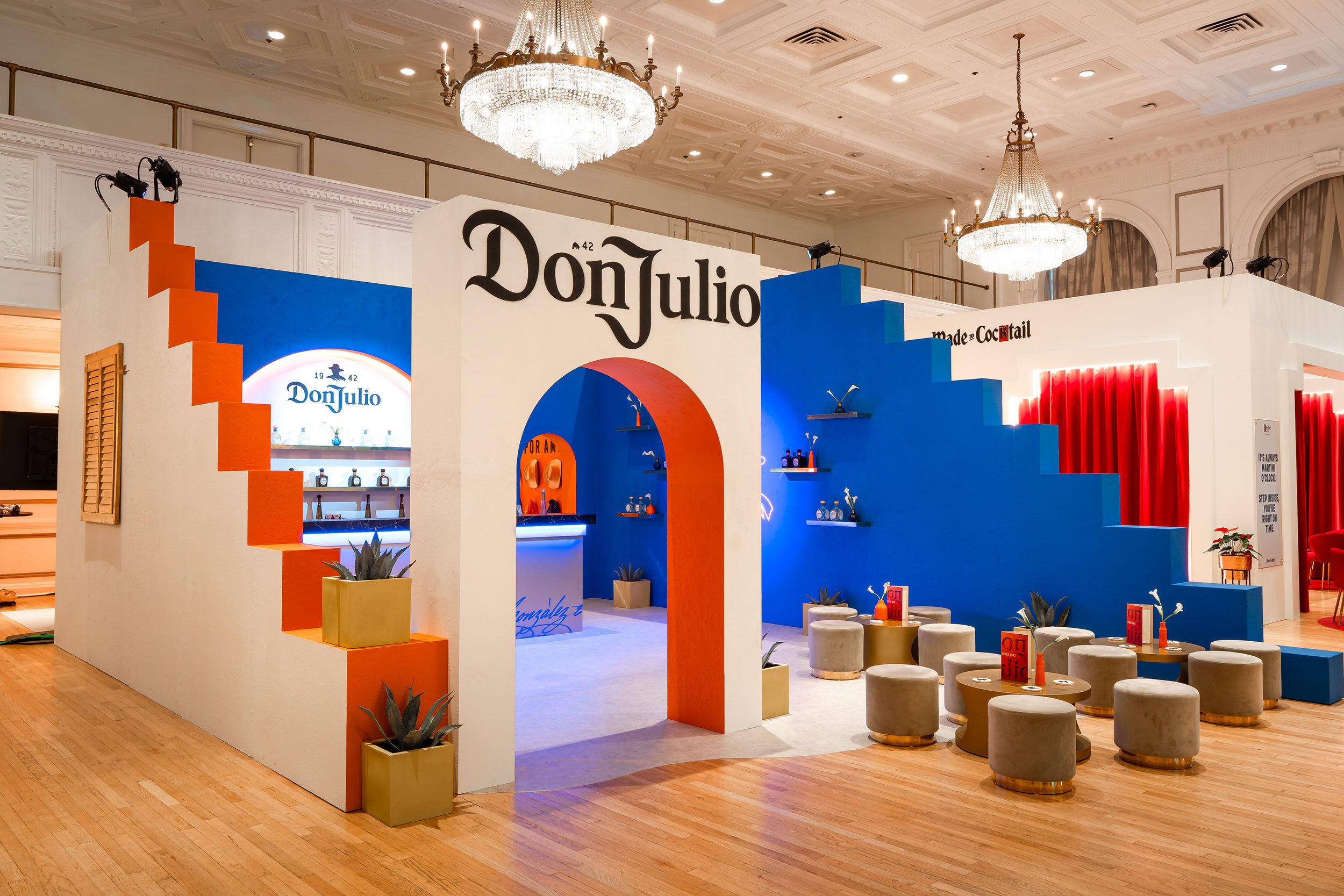 Don Julio branded environment fabricated by McWood for World Class 2025, featuring a custom bar, illuminated branding, premium finishes, and branded architectural elements at Toronto's Fairmont Royal York Hotel.
