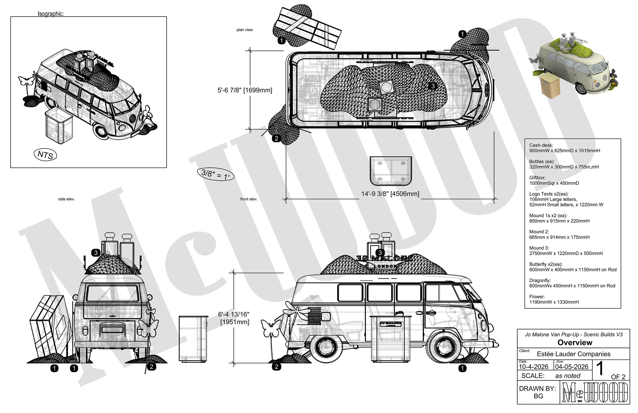 Technical fabrication drawings by McWood for the Jo Malone London English Pear pop-up, detailing the custom grassy mound and mounting system for the vintage VW van.