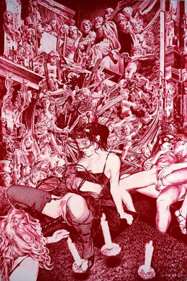 "500 YEARS OF SUPERSTITION, ORGY AND EXCESS" oil pastel on paper, 60 x 40 inches, 2006