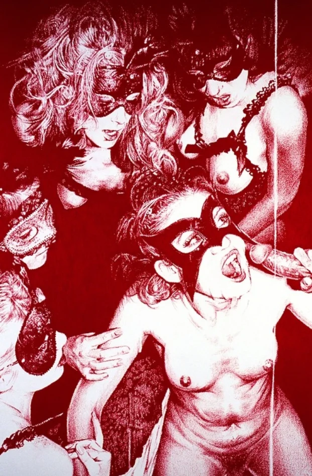 "THEY ARE YOUR NEIGHBORS, THEY KNOW WHO YOU ARE, AND THEY WANT TO KILL YOU" oil pastel on paper, 60 x 40 inches, 2005