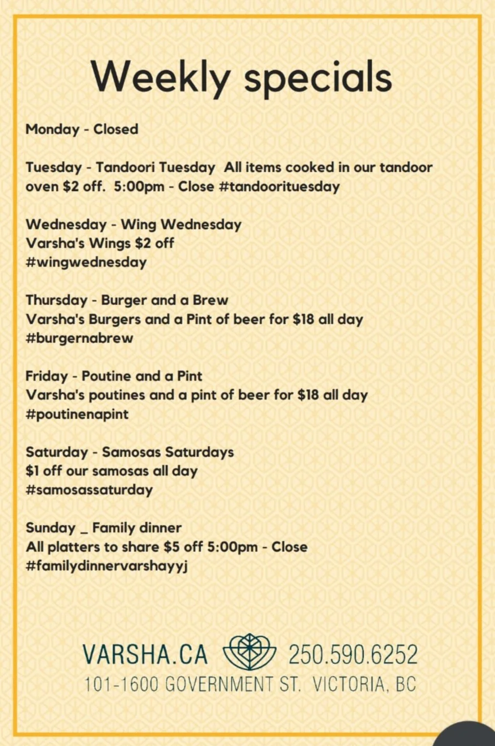 Weekly Menu — Varsha l Indian Food Victoria, BC