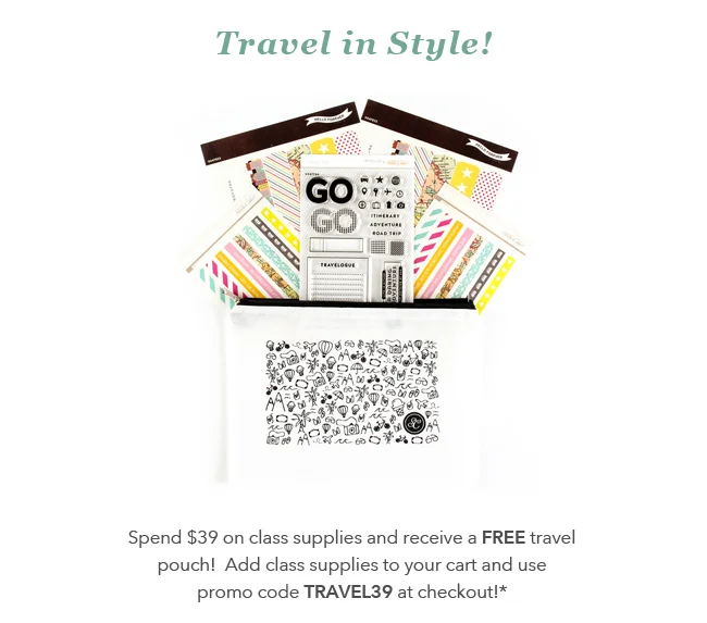 Spend $39 on class supplies and receive a FREE travel pouch! Add class supplies to your cart and use promo code TRAVEL39 at checkout!* *Not valid on previous purchases. Must enter code at checkout. Refunds will not be issued for misused or non-entered codes. Offer expires on 6/30/15 at 11:59pm EDT or while supplies last.