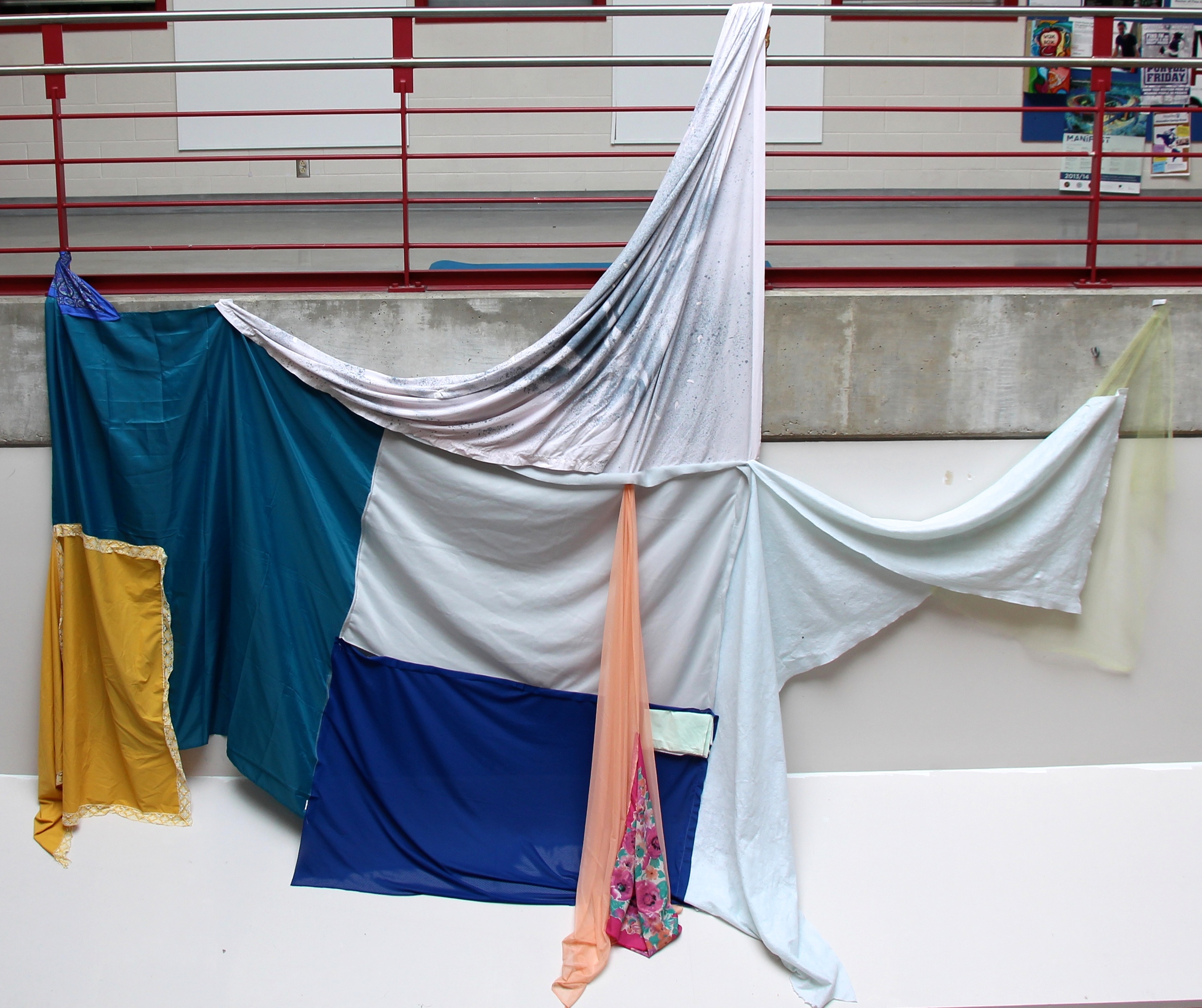 They Died Doing What They Loved (2014) Found Textile, Dye, Bleach, Thread, Acrylic. 