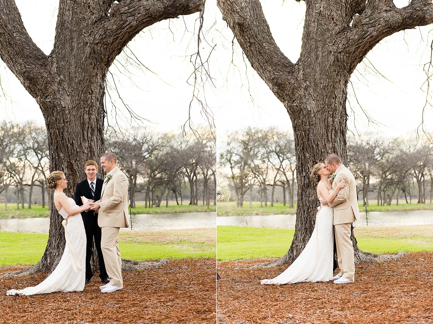 This wedding was the first weekend of March. The grass had sort of started to turn green but the trees were still wintery looking. This ceremony was about 1.5 hours before sunset and there was quite a bit of cloud cover. This would look much different in the summer/fall.