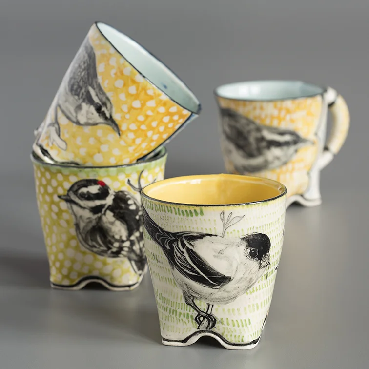 Cups and Mugs (Carolina Wren, Downy Woodpecker, Goldfinch), 2017