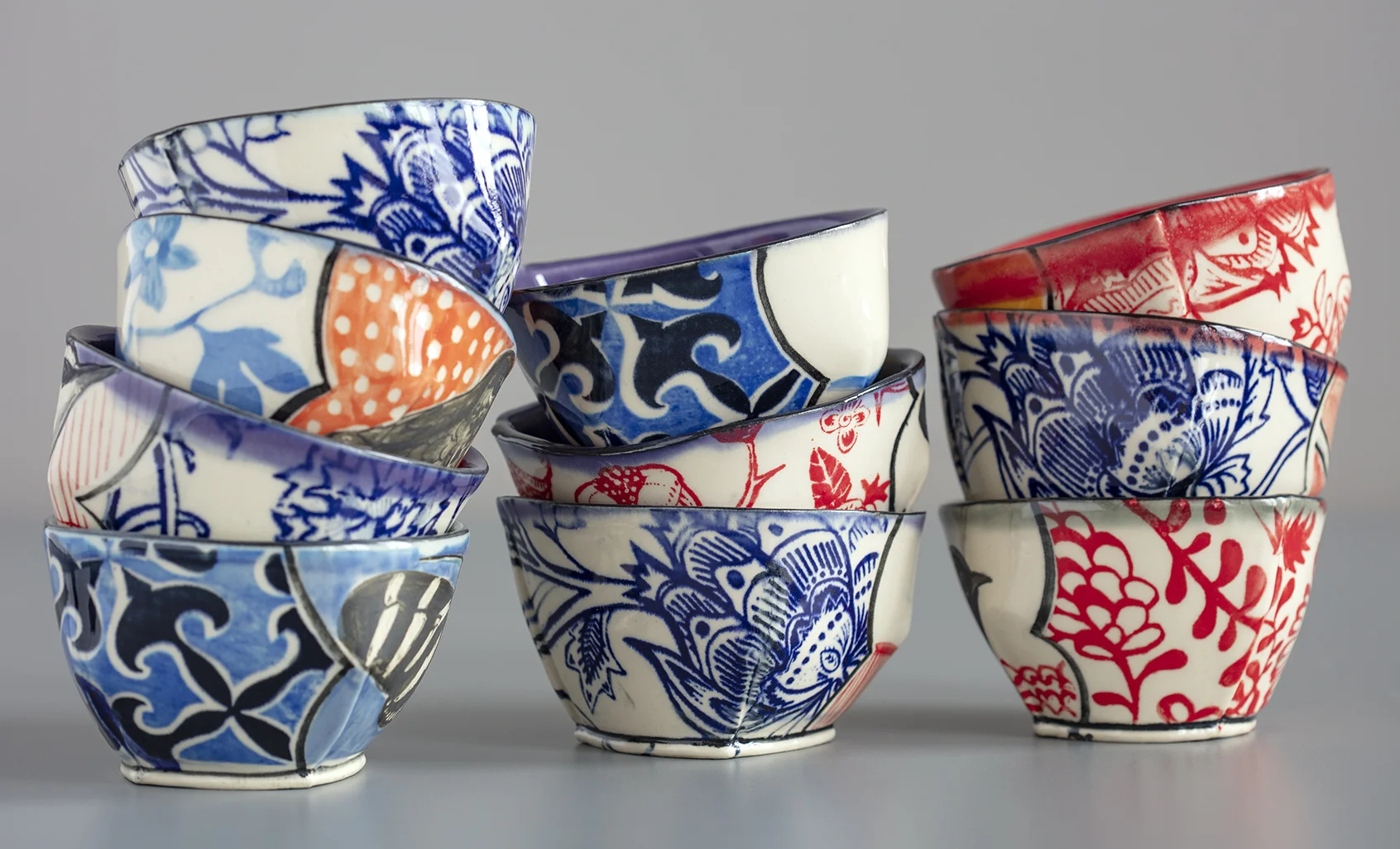Stacked Blue and Red Small Bowls, 2019