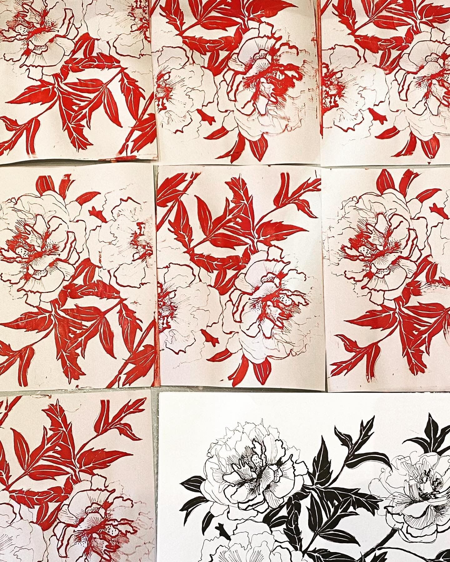 Tree peony drawing and prints for new plates #treepeony #red #redandwhite #printonclay #floral #handmade #drawing #printmaking #screenprinting #ceramic