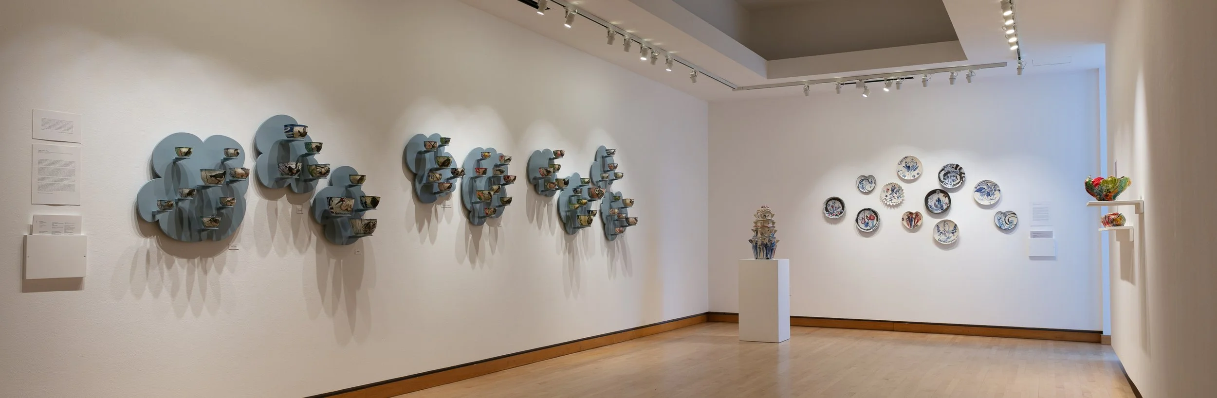   Cloud—Bird—Place    glazed white stoneware fired to cone 6 in oxidation, painted and printed with underglaze stains, inlaid with colored slips; Baltic birch plywood, ash, enamel; 2025  