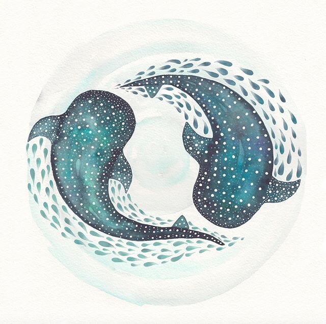 Whale shark pair, finally finished 🐋 🦈  I like to think they&rsquo;re in a perfect balance. 
This is in my Society 6 shop now, find my shop through my website link above. 💙 .
.
.
#society6 #whaleshark #whale #shark #watercolour #aquarelle #aquarel