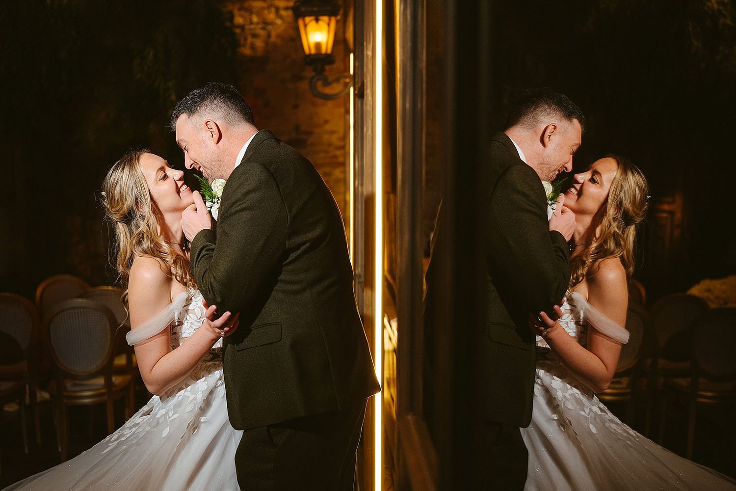 The Croft Hotel wedding: bride and groom nose to nose, mirrored in a glass panel