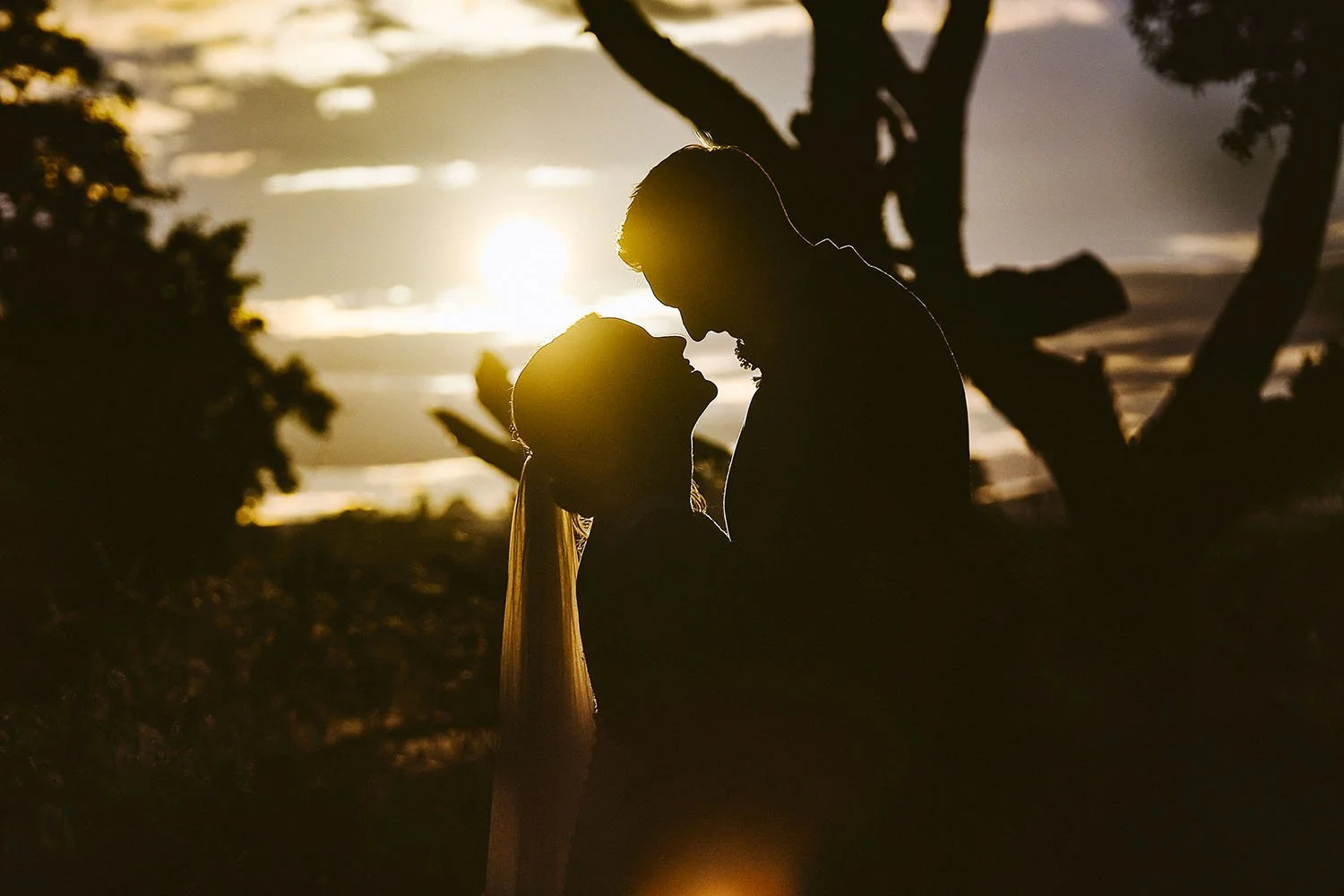 Le Petit Chateau wedding: bride and groom in silhouette about to kiss, with the setting sun behind tree branches.