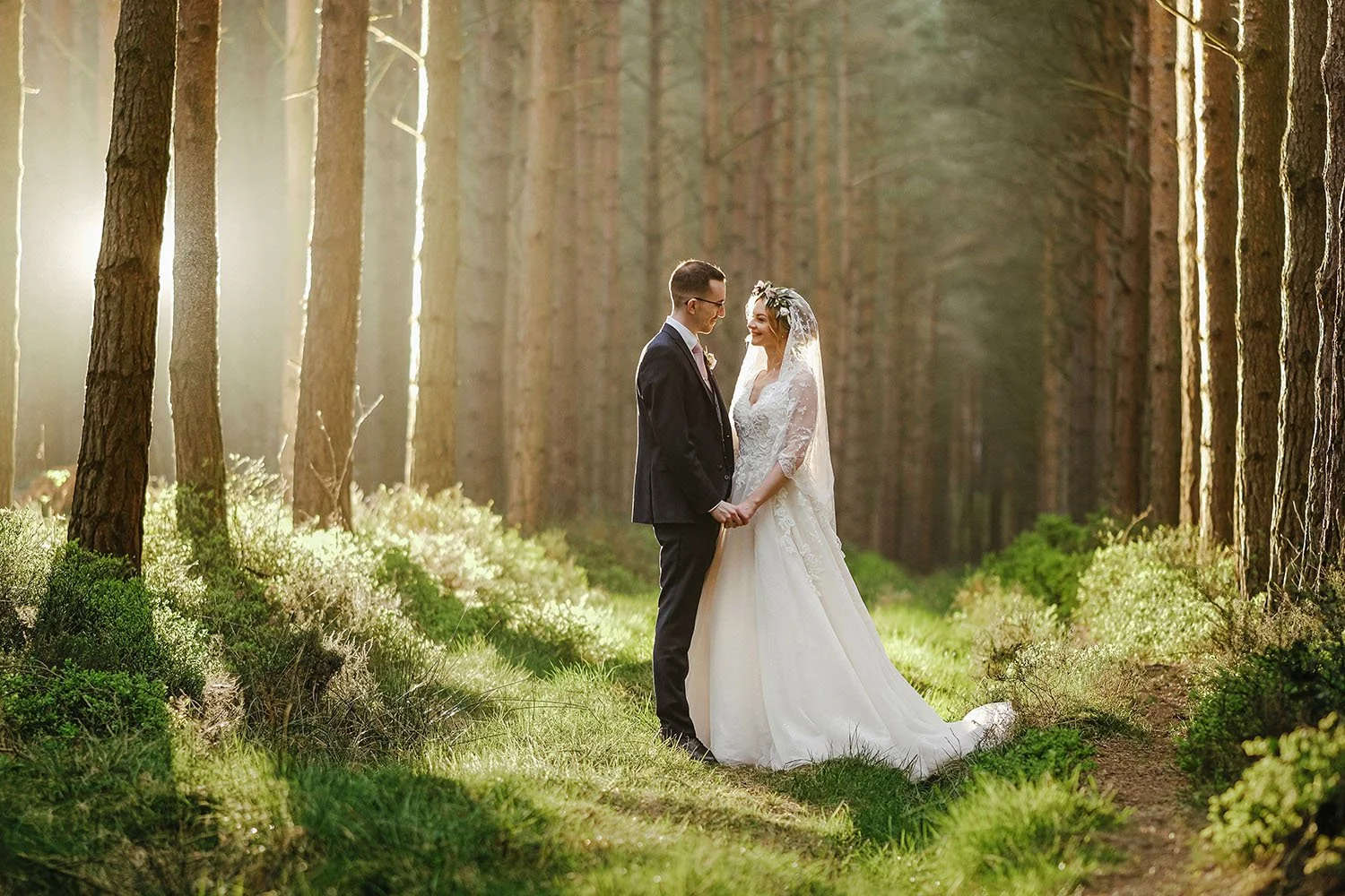 Healey Barn wedding: bride and groom holding hands in a pine forest with sunbeams through the trees.