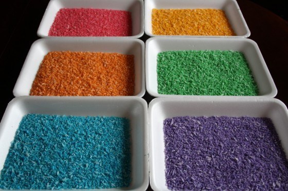 This is an easy-to-follow tutorial from Happy Hooligans . Always good to have in the house, rainbow rice will come in handy in some of the ideas below.