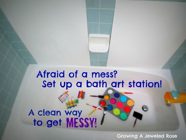 Messy play is fun for toddlers. For parents, not so much. Confine the mess to the bath and everyone’s a winner. The kids from Growing a Jeweled Rose know what’s up.