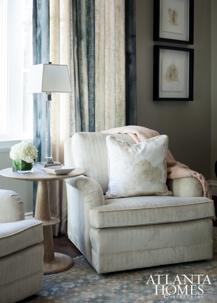 CLUB CHAIRS Baker upholstered in Kravet ACCENT TABLE Robert Allen through Grizzel & Mann TABLE LAMP Circa Lighting DRAPERY Boeme through Martin Nash