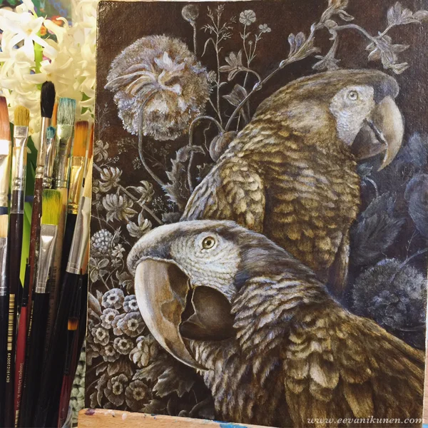 This underpainting was painted with Raw Umber and Zinc White oil paints on a Fredrix Belgian linen canvas board.