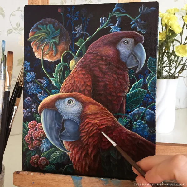 In this photo I am putting the finishing glazes on 'Parrot Garden'.
