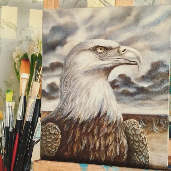 Here is the underpainting for 'Guardian Spirit' I painted by using raw umber and zinc white.