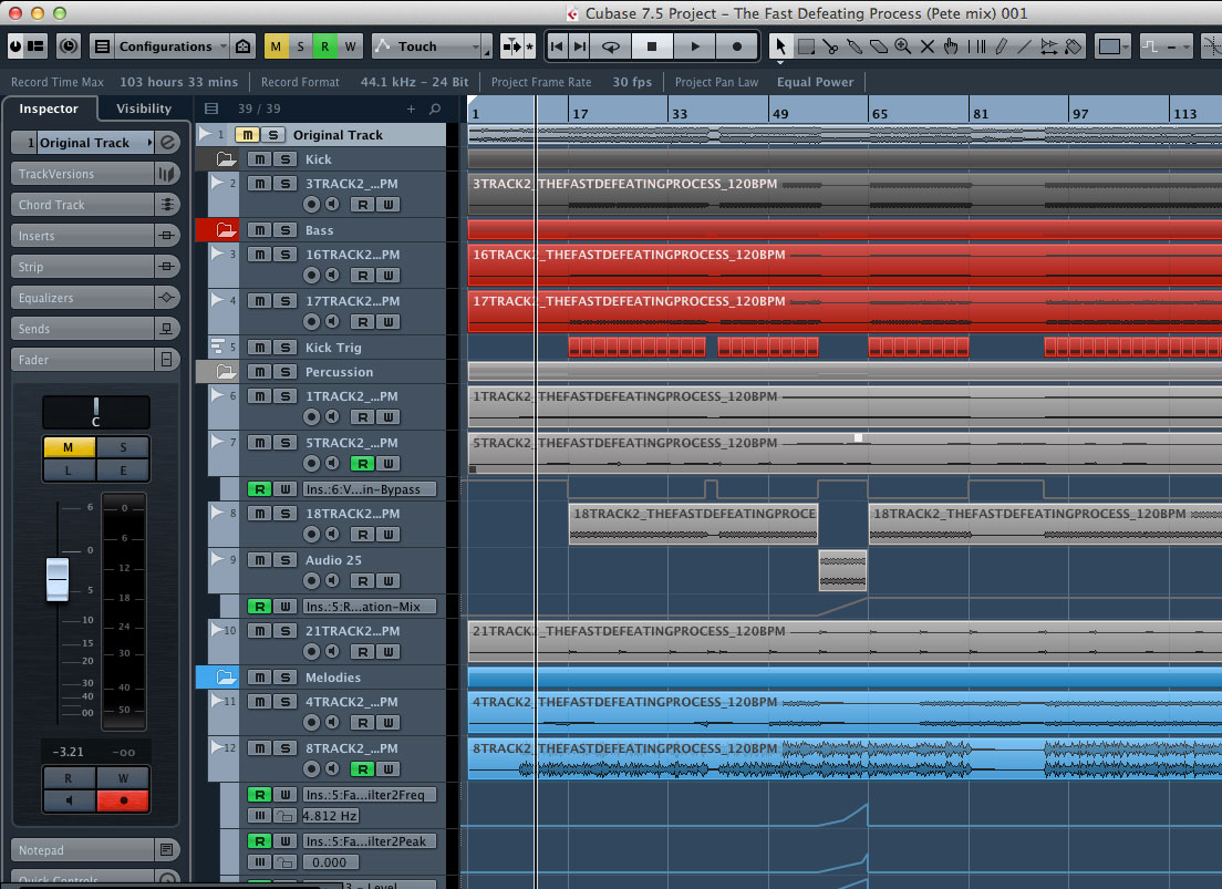 Setting up all the folder tracks, and keeping an original stereo mixdown in a separate channel so I can solo/mute it as an A/B test.