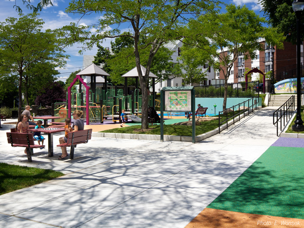  Formerly separated onto two levels, this park has been re-connected through our plan. An accessible route now links the refurbished play area and seating on the lower half, with a revitalized upper level that replaced an unusable basket-ball court w