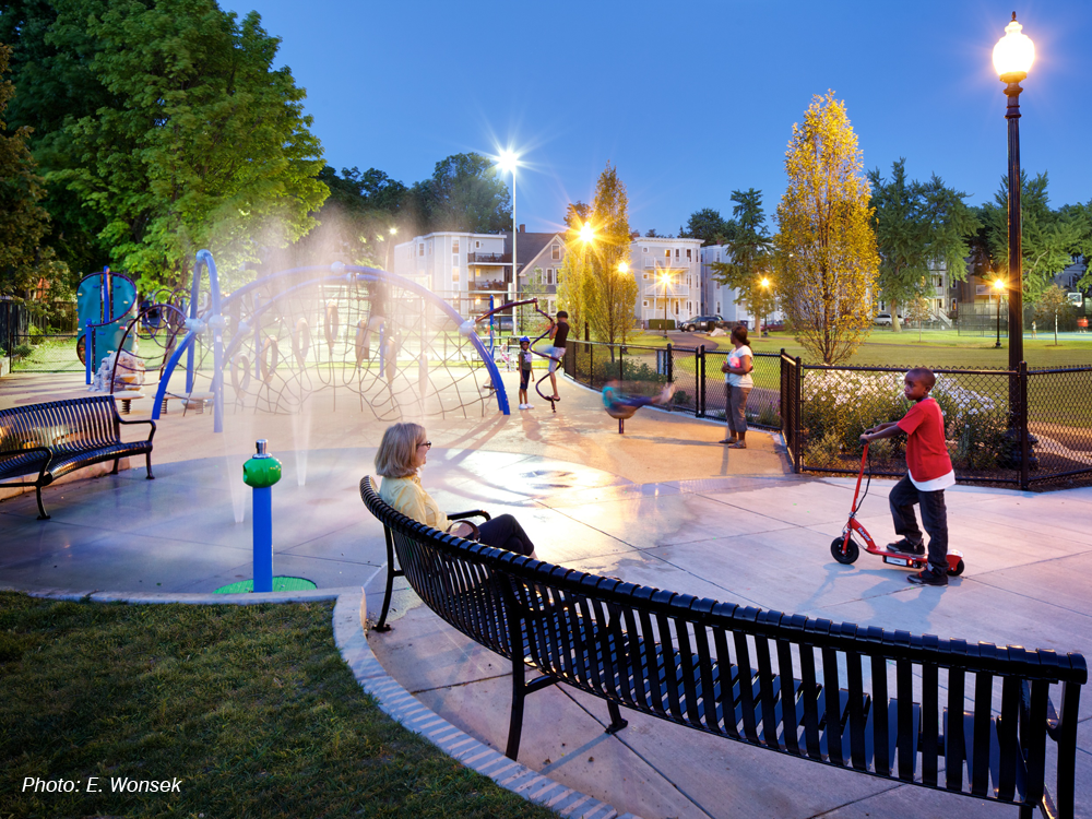 By creating better connections and pedestrian circulation, and adding new lighting, furnishings, two lit basketball courts, and a vibrant new playground and splash pad, CBA's design revitalized this large park, exceeding the community's expectations. Areas for multiple uses were highly important in the design. Praised as "an oasis in the city" and "like night and day" when compared to the prior space, the park showcases CBA's ability to respond to the needs and desires of residents and create a neighborhood asset.