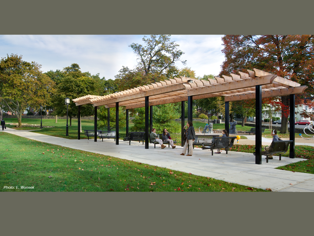 CBA's design for this neighborhood “commons” strikes a balance between refurbishing an historic greenspace and providing new activities. The site's defining diagonal walkways are joined by a meandering path connecting several new play features, sele