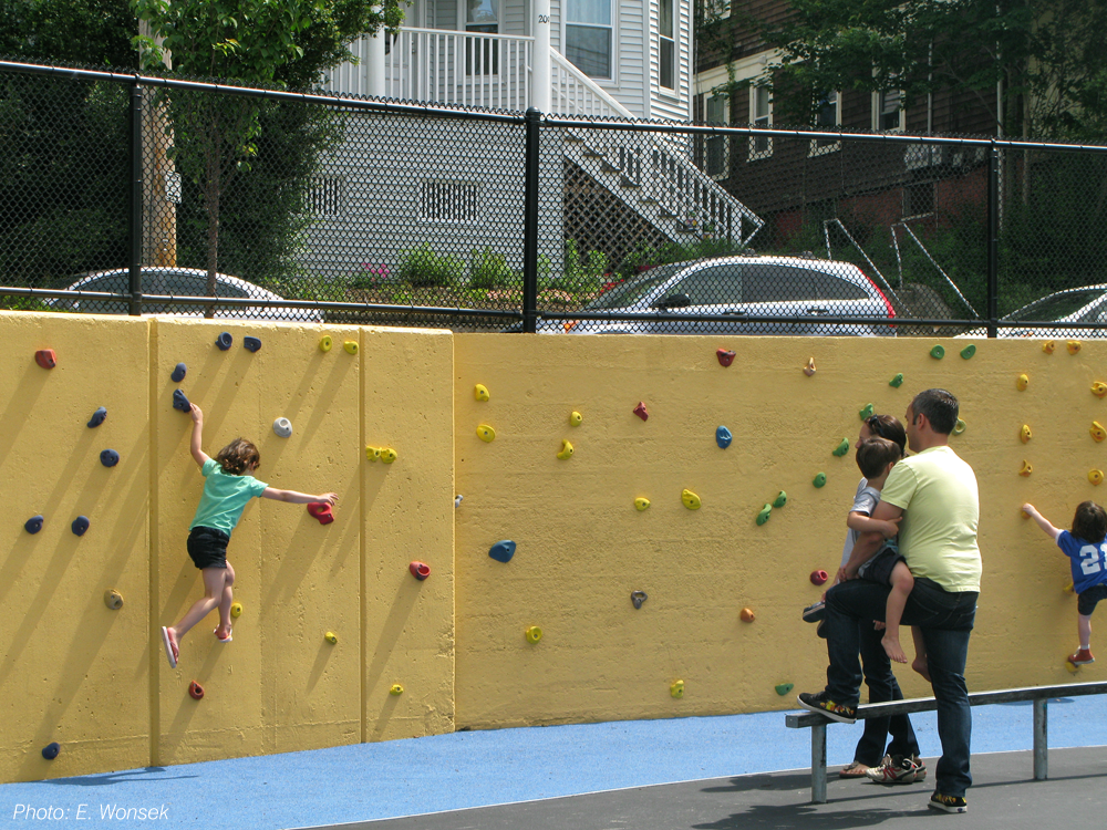 A true urban park for all ages, neighborhood input led this space to become the first public space in Somerville to include skateboarding as one of the featured activities. The skate elements are designed to fit into the overall design and to have alternate uses, such as seating and access. The park also features a four-sport court area, a vibrant tot lot, a new community garden, a rock climbing wall, extensive drought-tolerant plantings, a new entry plaza with monumental metal columns, and seating throughout the site. 