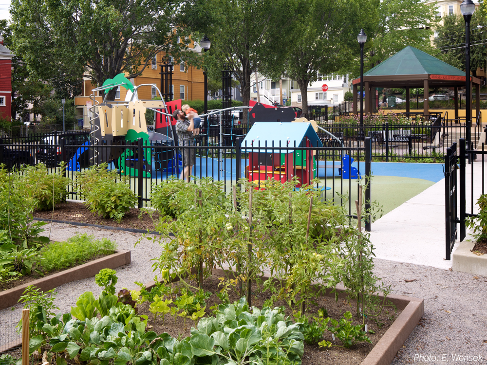 A true urban park for all ages, neighborhood input led this space to become the first public space in Somerville to include skateboarding as one of the featured activities. The skate elements are designed to fit into the overall design and to have alternate uses, such as seating and access. The park also features a four-sport court area, a vibrant tot lot, a new community garden, a rock climbing wall, extensive drought-tolerant plantings, a new entry plaza with monumental metal columns, and seating throughout the site. 