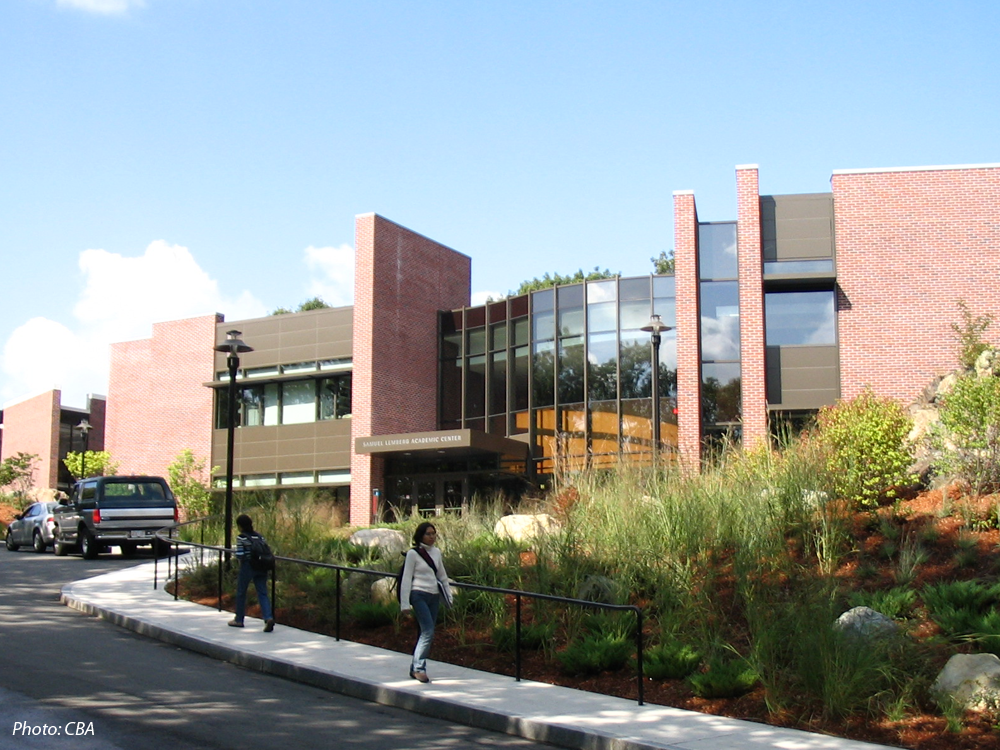  A new addition more than doubled the size of Brandeis University's Graduate School of International Economics and Finance. CBA designed the plaza, hillside entrance road, planting, drop-off area, and parking. Pathways alongside plantings of trees, shrubs, ornamental grasses, and perennials connect the building to the rest of the campus, and the concrete plaza area defines and draws attention to the entrance to the new wing.
