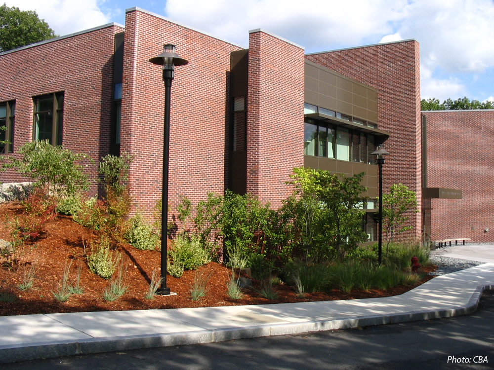  A new addition more than doubled the size of Brandeis University's Graduate School of International Economics and Finance. CBA designed the plaza, hillside entrance road, planting, drop-off area, and parking. Pathways alongside plantings of trees, s