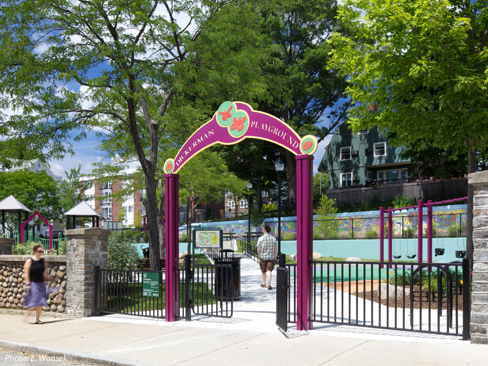  Formerly separated onto two levels, this park has been re-connected through our plan. An accessible route now links the refurbished play area and seating on the lower half, with a revitalized upper level that replaced an unusable basket-ball court w