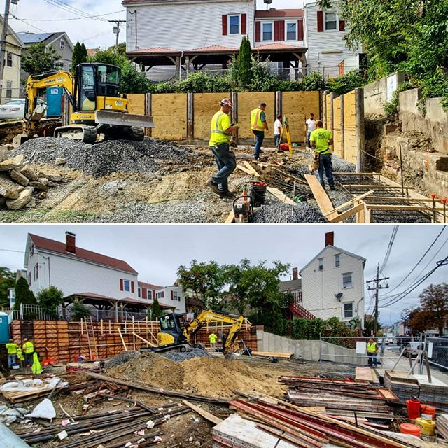 Whoa - walls!! This heavy duty retaining wall has steel and concrete mini-piles (the posts in the top photo) that go 14' below grade, with lagging to hold the concrete wall in place (the bottom photo shows the concrete forms). All this to maintain a 