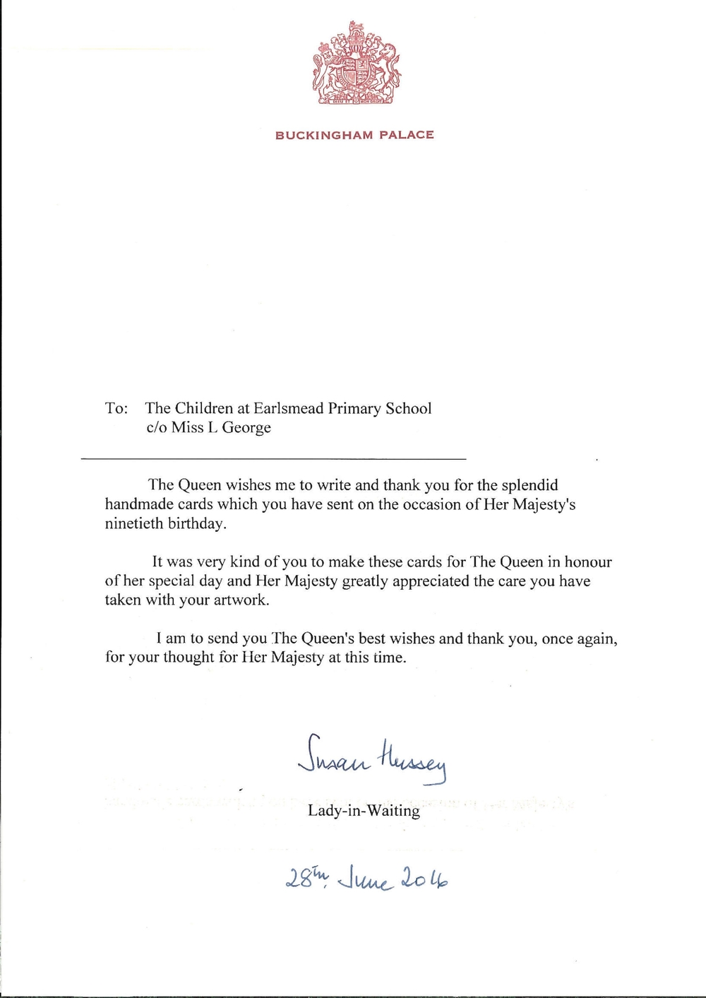 A letter from the Queen — Earlsmead Primary School A letter from the Queen — Earlsmead Primary School